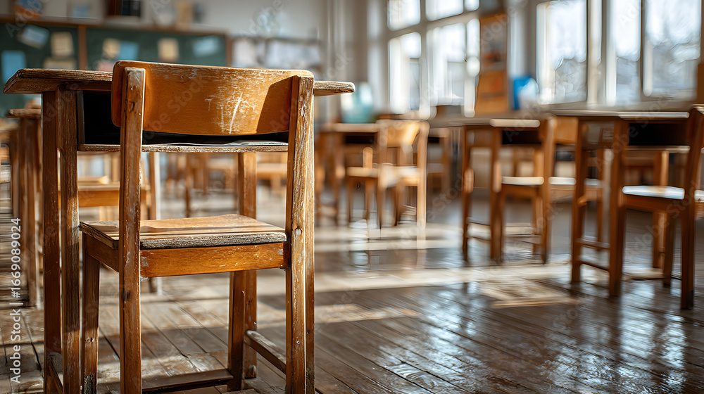 Poster blurred empty classroom in an elementary school or hgh school with desks and cairs