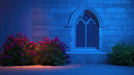 Fototapeta premium Exterior wall with gothic window and flowering bushes at night.