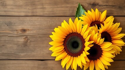 Sunflower bouquet on a rustic wooden surface with warm directional lighting.