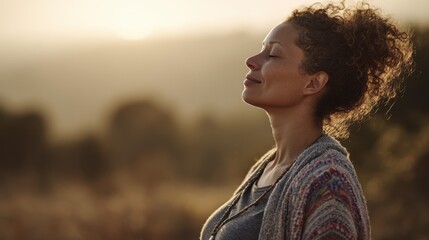 Medium shot of a pregnant woman practicing gentle breathing exercises calm face and belly in focus against softly blurred nature behind.