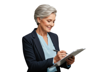 Elegant senior businesswoman smiling while writing on a clipboard.