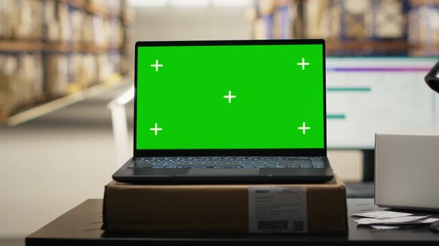 Modern warehouse facility showcases green screen on a laptop, workstation desk surrounded by storage racks and shelving. Empty retail large business for e-commerce and order fulfillment.