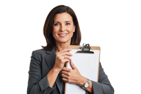 Portrait of a smiling professional woman in a suit holding a clipboard.