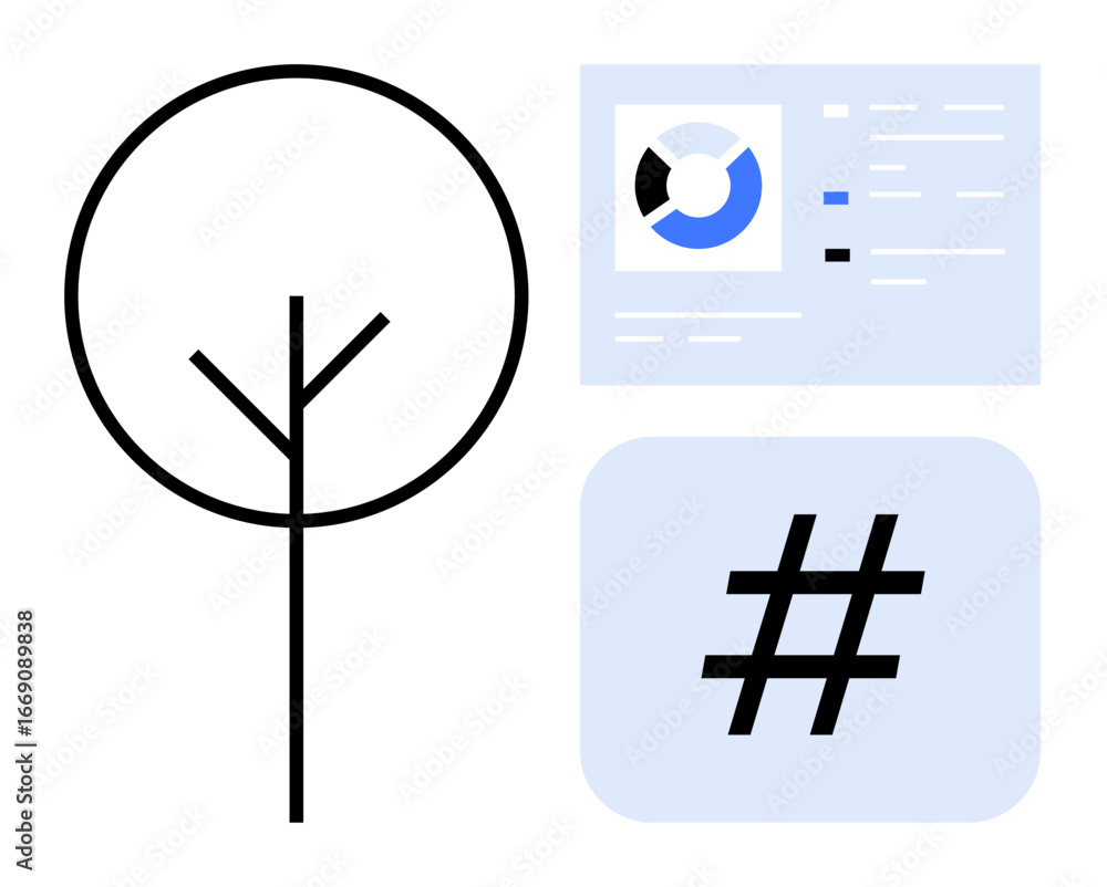 Poster black minimalist tree, pie chart with data, and bold metadata tag on separate panels. ideal for tech