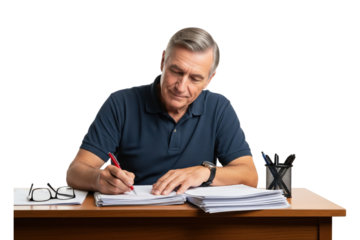 Focused mature teacher or businessman writing on papers at his desk.