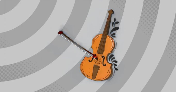Grey swirl backdrop sparking silver-red bow drawing over orange violin showing circular motion