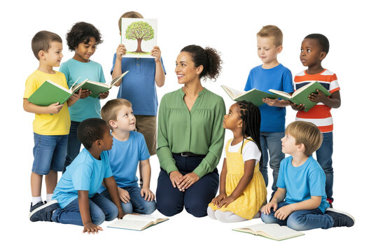 Female teacher and a diverse group of elementary students reading books together.