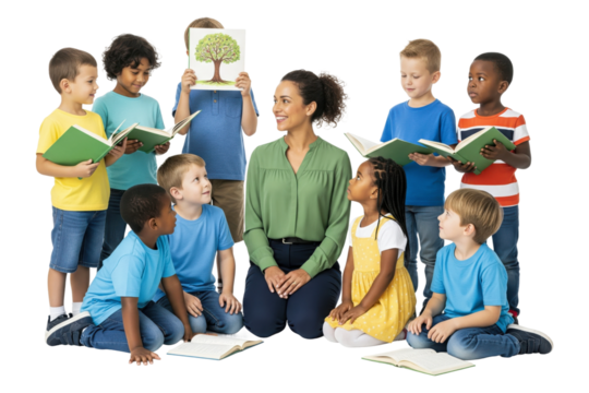 Female teacher and a diverse group of elementary students reading books together.
