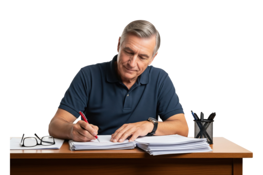 Focused mature teacher or businessman writing on papers at his desk.