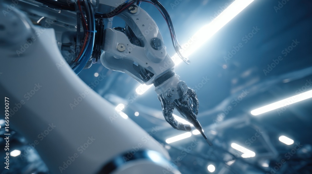 Poster an intricate view of a robotic arm applying adhesive sealant to the seams of a hydrogen tank with br