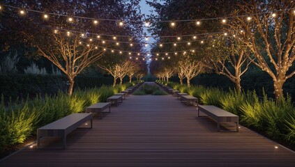 Enchanting pathway lined with trees illuminated by warm string lights at dusk creating a magical atmosphere