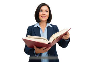 Professional businesswoman in a suit holding a large open book and looking up.