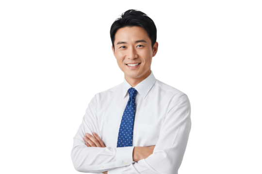 Portrait of a friendly young Asian businessman smiling with arms crossed.