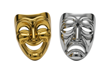 Comedy and Tragedy Masks, Gold and Silver Drama Symbols