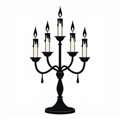 a black silhouette of a five arm chandelier with lit candles, each with visible flames and wax drips