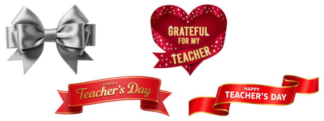 Set of ribbons, a bow, and a heart design for celebrating Happy Teacher's Day.