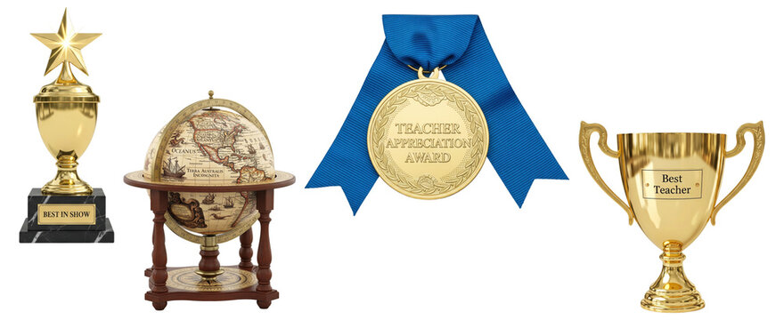 Set of gold trophies, an award medal, and a globe for teacher appreciation.