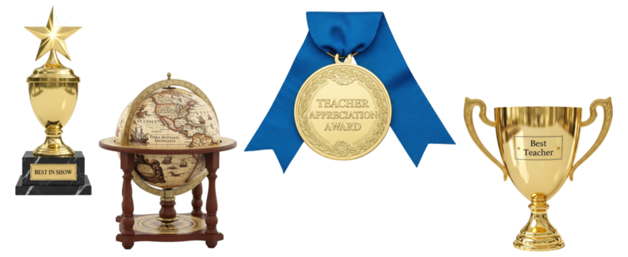 Set of gold trophies, an award medal, and a globe for teacher appreciation.