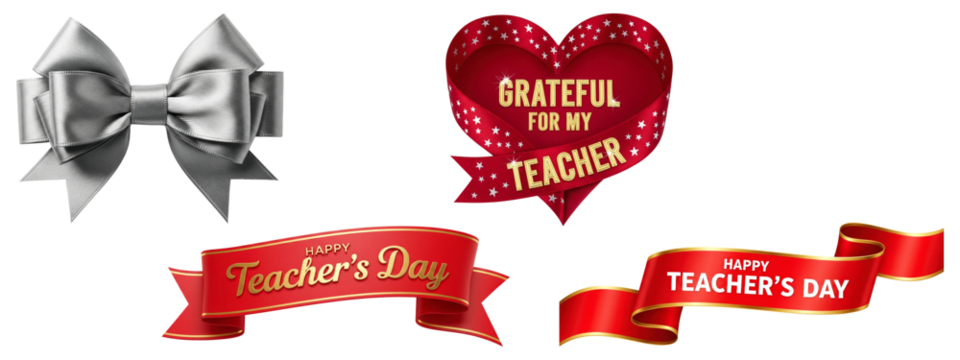 Set of ribbons, a bow, and a heart design for celebrating Happy Teacher's Day.