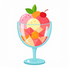 a clear glass dessert bowl filled with various colorful, geometric shaped fruit pieces