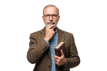 Portrait of a thoughtful senior professor or intellectual holding a book.