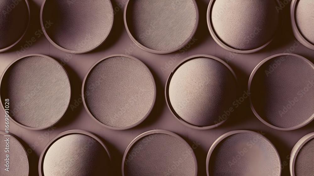 Poster a geometric design features many circles of a muted, taupe color, with a subtle embossed texture, cr