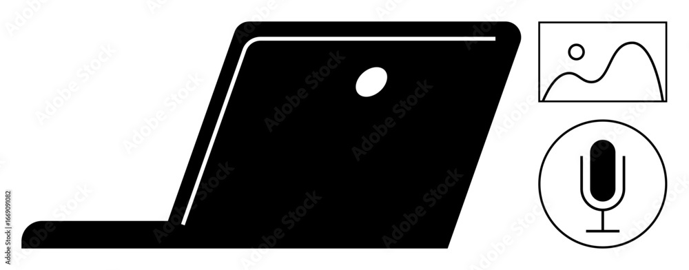 Poster open laptop in silhouette with a circular microphone icon and rectangular image icon. ideal for tech