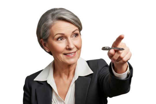 Senior businesswoman or teacher smiling and pointing forward with a pen.