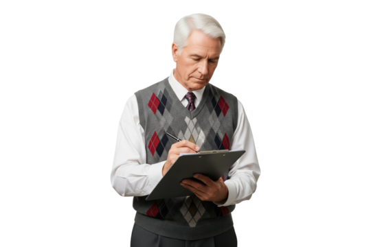 Focused senior man in a sweater vest writing notes on a clipboard.