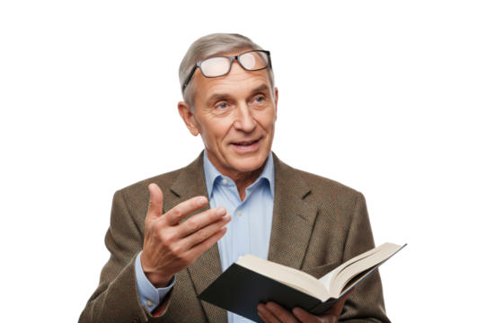 Senior male professor or lecturer teaching a class while holding an open book.