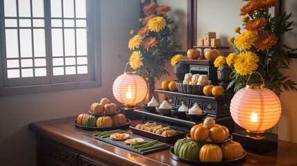 Chuseok ancestral altar with offerings in vibrant autumn setting, inviting presentation, copy space