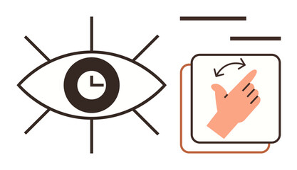 Open eye with clock symbol conveys focus and time, while swiping hand represents navigation and user interaction. Ideal for time management, innovation, technology, UX design, virtual interaction
