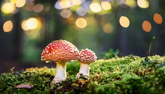 fly agaric mushroom in the forest with moss and bokeh background - Powered by Adobe