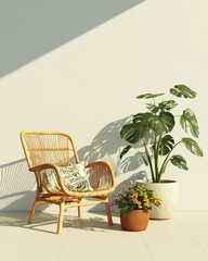 Cozy rattan chair with decorative pillow and indoor plant on a minimalistic wall background