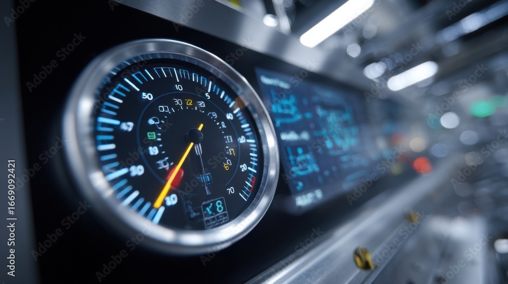 Poster a focused shot on the gauge of the hydraulic system showing precise pressure readings necessary for 