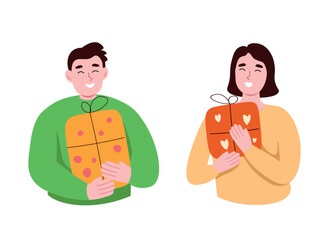 Happy people with gifts in their hands. A guy and a girl exchanged boxes with ribbons. Vector flat graphics.