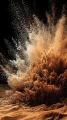 Dynamic Eruption of Brown Powder Creating Dramatic Clouds of Dust Against a Dark Background
