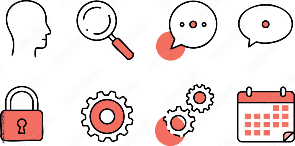 Poster user communication and security icons set with magnifying glass calendar and gears vector illustrati