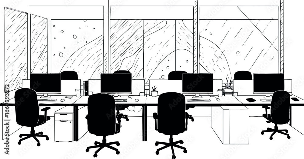 Poster modern office workspace with computers and swivel chairs vector illustration