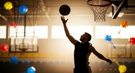 dynamic indoor basketball game capturing athlete mid-air with silhouette effect illuminating vibrant colorful decorations