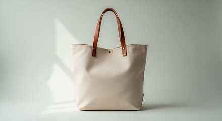 Minimalist beige tote bag with brown leather handles illuminated by soft natural light showcasing simplicity and elegance for everyday use and