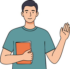 Young man holding book waving hand casual gesture vector illustration 