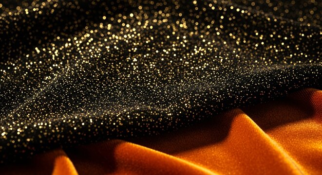 Glistening golden particles cascading over smooth orange fabric creating a luxurious shimmering effect with a captivating interplay of light and - Powered by Adobe