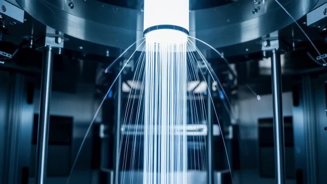 Semitransparent fiberoptic strands cascading like waterfall from glowing preform in the heart of an advanced optical fiber drawing tower.