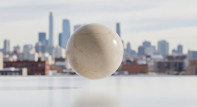 Futuristic floating sphere with urban city skyline backdrop highlighting modern architecture and innovative design elements in an urban environment