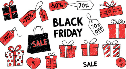 Black Friday sale tags and red gift boxes with shopping bag vector illustration 