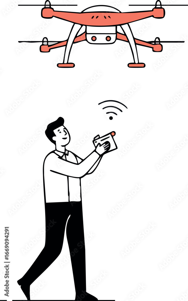 Poster man controlling flying orange drone with remote controller vector illustration