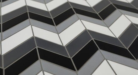 close-up of a geometric patterned tiled surface emphasizing chevron designs in monochrome shades with clean sharp lines and repetitive symmetry