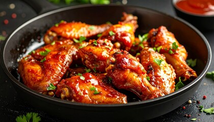 Close-up of Crispy Fried Chicken Wings in a Pan with a Sauce Drizzle