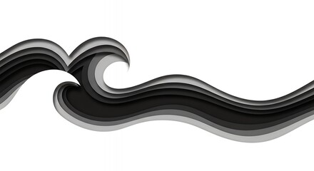 Abstract black and white layered wave pattern with dynamic flowing curves and shadows creating a sense of depth and movement in modern minimalistic